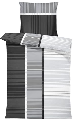 one-home Bettwäsche gestreift Streifen grafisch modern grau weiche Microfaser mit Reißverschluss, Größe: 135x200 cm, Farbe: anthrazit/grau