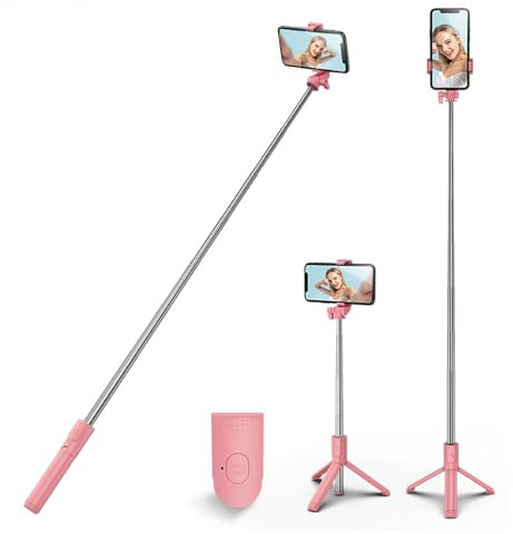 HCTian Trépied pour Perche à Selfie, 3 en 1, Extensible, Rotation à 360°, avec télécommande sans Fil Amovible, Support de téléphone Portable, Compatible avec iPhone, Android, Samsung (Rose)