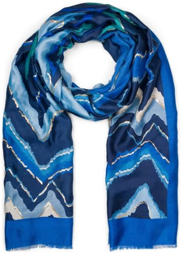 styleBREAKER Damen Schal mit buntem Zick Zack Zacken Muster und Metallic Akzenten, Stola mehrfarbig gezackt 01016221, Farbe:Dunkelblau-Blau