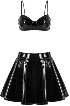 inhzoy kvinnor lack läder latex outfit wetlook kjol crop tank top set damer gogogogo outfit sexig wetlook bh mini veckad kjol skaterkjol set, Svart_a, M