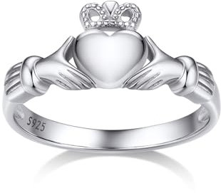 Bestyle Claddagh Ring Silber 925 Damen Irischer Fingerring mit Herz für Mädchen Krone Promise Ehering Trauring für Valentinstag Hochzeit, Weißgold, Ringgröße 47