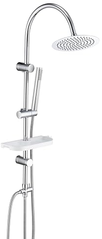 Görbach Colonna Doccia Acciaio Inox Senza Miscelatore, Regolabili Colonna Doccia idromassaggio Asta Doccia Saliscendi Doccia con soffione a Pioggia e Porta Ogetti Mensola Cromo(UD20cm)