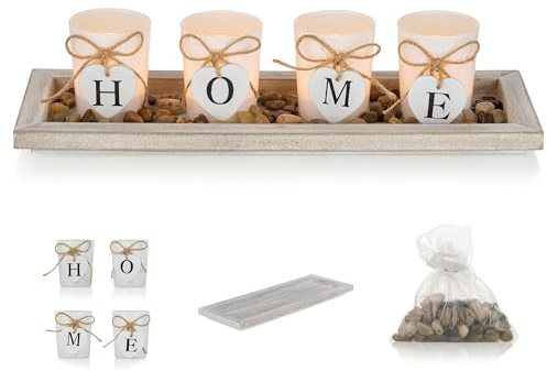 Hanobe Teelichthalter Deko Wohnzimmer Set: Tischdeko Kerzen Tablett mit 4 Glas-Votivhalter Länglich Holz Kerzenständer Holztablett für Küche Home Esstisch Dekoration Landhaus