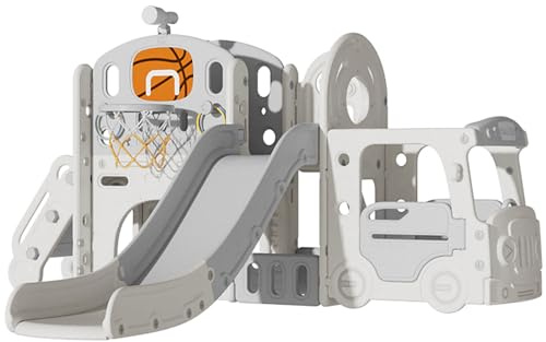FUKEA Bus Kids Slide, Toddler Large Slide Playground Outdoor Indoor, Garden Slide Climbing Frame with Storage Box, Basketball Hoop, Crawl Tunnel, Multi-function Slide for Toddlers age 1-3(Bus)