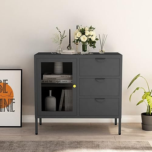 ShGaxin Sideboard Anthrazit 75x35x70 cm Stahl und Hartglas, Kommode Schlafzimmer, Kommoden & Sideboards, Wohnzimmerschrank, Flur Kommode, Zimmer Möbel - 336075