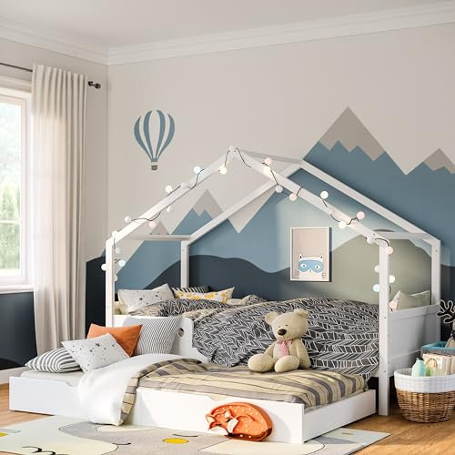 Bellabino Bela Kinderbett 90x200 cm – Hausbett mit Rausfallschutz & Lattenrost – Kinder Bett mit Gästebett für Jungen und Mädchen – Montessori Kinderhausbett aus Holz in Weiß