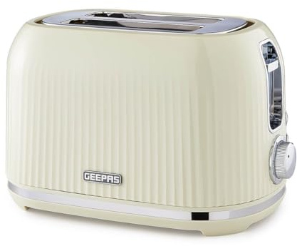 GEEPAS 2 Slice Toaster | 6 Browning Levels Cancel Defrost Reheat | For Thin Small Bread Slice Removable Crumb Tray Cool Touch Housing High Lift | Space-Saving Design | 2 Yr Warranty 1000W Cream Fluted