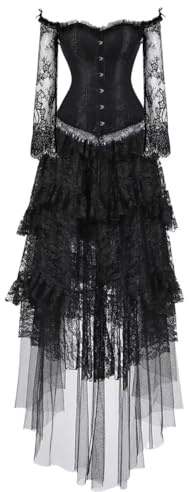 Jutrisujo Korsett Kleid Rock Set Damen Corsage Corsette Corset Dress Spitze Ärmel Korsettkleid Vintage mittelalter Schwarz M