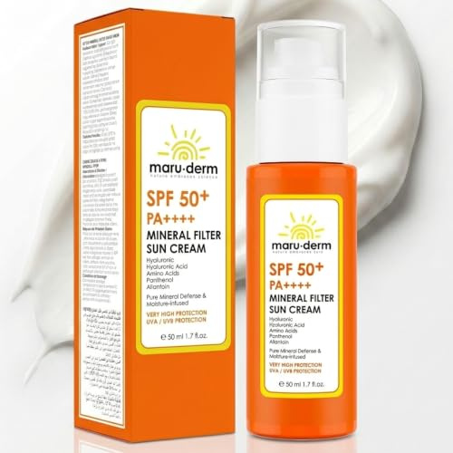 Maruderm Sonnencreme SPF 50+ mit Mineralischen Filtern – 100% Mineralischer Sonnenschutz für Empfindliche Haut | Breitband-UVA/UVB-Schutz, Nicht Fettend & Ohne Duftstoffe, 50 ML
