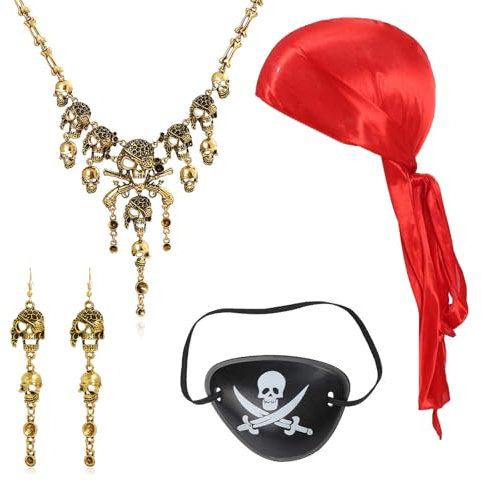 HIFOT 4 Stück Piratenkostüm Damen,Piraten Kostüm Zubehör Augenklappe Pirat Kopftuch Halskette Ohrringe Piraten Kostüm Erwachsene für Karneval Verkleidung Cosplay Halloween