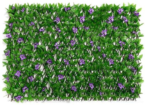 Gartengitter-Paneele, ausziehbar, 200 x 40 cm, erweiterbares Rankgitter mit künstlichen Blättern, erweiterbarer Gartenzaun mit künstlichem Efeu und violetter Blume, Grün-Hintergrunddekoration