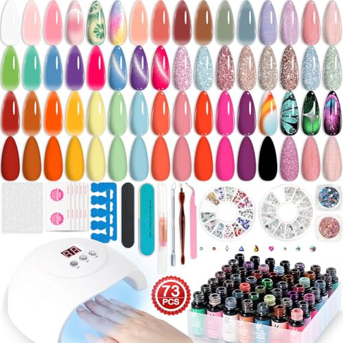 Lavender Violets 73 Pcs Gel Polish Kit with UV Lamp 45 Colors Semi Sheer,9D Cat Eye Holographic Glittery Magnet Nail Primer,Base,Matte & Top Coat Rhinestones Sequins Sticker Gifts for Women LA01