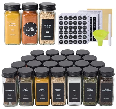 Fiwence 24 Glass Spice Jars with 576 Labels-Spice Jars with Black Metal Caps, 4oz Empty Square Spice Containers with Shaker Lids, Funnel, Pen, Seasoning Bottles for Spice Rack, Drawer, Cabinet