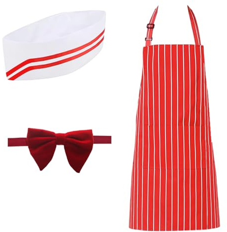 3 PCS 1950s Waiter Costume Kit, Soda Jerk Costume Kit Red and White Striped Apron Chef Hat Red Bow Ties Adjustable For Adult Movie Night Costume Cosplay Carnivals Circus Party Halloween (Style#1)
