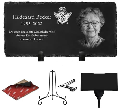 ETERNEL - Personalisierte Gedenktafel mit mehreren Trägermaterialien Engel - zum Einpflanzen, Aufkleben oder Aufstellen, Schiefer oder Granit, Foto und Text nach Wahl, Grabplatte, Gedenktafel, Hommage