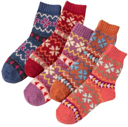 5 Pairs Women's Thermal Socks, Nordic Vintage Wool Thick Winter Warm Socks for Ladies, 5 Vintage Colour Designs, Ideal Christmas Stocking Fillers