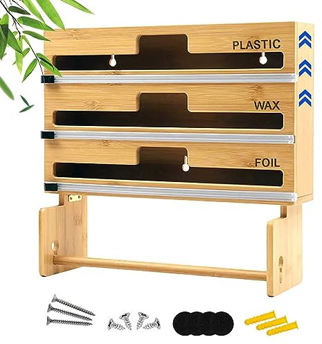 Bamboo Foil Dispenser with Cutter & Paper Holder for Aluminum Foil Cling Film Parchment Paper 4 in 1 Kitchen Cabinet Drawer Organizer
