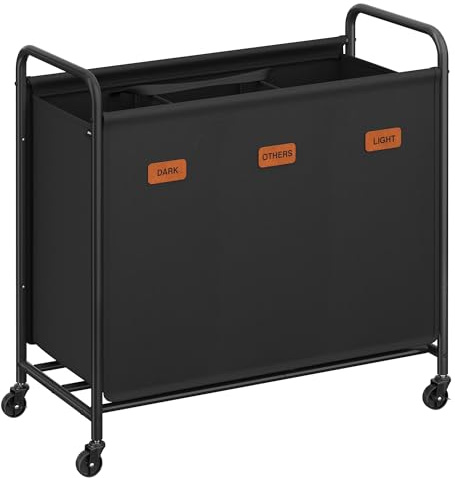 SONGMICS Rullande tvättkorg, 3 fack tvättuppsamlare, 170 L tvättsorterare, mobil tvättvagn, 5 etiketter, för tvättstuga, sovrum, badrum, bläck Svart RLS330B01