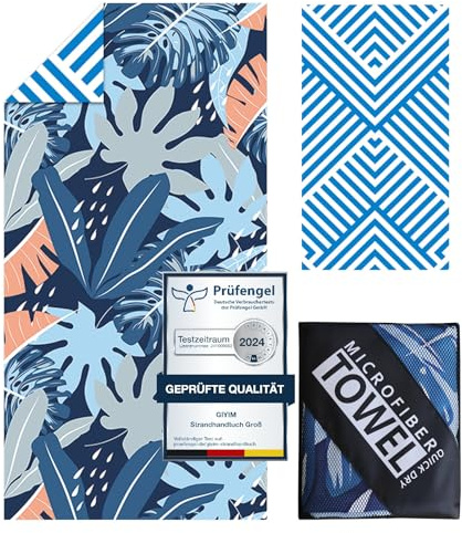Giyim Strandhandtuch Groß - 180 x 100 cm Strandtuch Mikrofaser mit Tasche, Saugfähig und Schnell Trocknende Strandtuch, Weiches & Leichtes Beach Towel für Strand, Schwimmen (Blaue Pflanze)