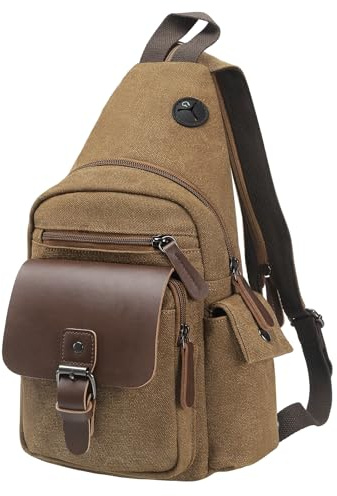 SUIKIHUM Sac à Bandoulière en Toile pour Homme et Femme, Sac à Dos Vintage avec Accents en Cuir Convertible pour le Cyclisme, la Randonnée, les Voyages, café, L, Décontracté