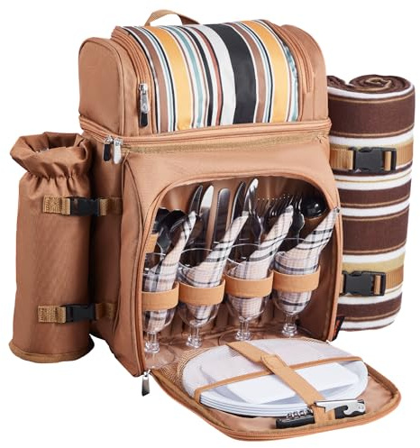 VEVOR Picnic Backpack, Beach Picnic Backpack Bag for 4 Person with Insulated Cooler Compartment, Detachable Bottle/Wine Holder, Lightweight Blanket, Plates and Cutlery Set for Hiking & Camping, Brown