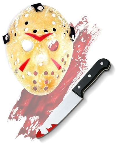 Mega_Jumble Adult Jason Voorhees Mask & Bloody Machete Props - Creepy Halloween Demon Killer Horror Scary Party Fancy Dress Costume