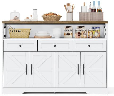 Moderner Sideboard Küchenschrank mit 3 Schubladen und 4 Türen, Buffetschrank Aufbewahrungsschrank Küchenbuffet mit Offenes Speicherfach für Küchen, Wohnzimmer, Schlafzimmer, 140×35×95cm, Weiß+Braun
