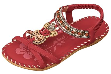 Flach Sandalen Damen Sommer mit Weiches Fussbett Strand Schuhe Bequem Bohemian Sommerschuhe Rot#01 38