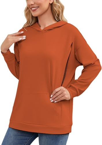 Ecavus Damen Umstands-Still-Sweatshirt mit verstecktem Reißverschluss, Lange Ärmel, Übergröße, Stillpullover, Oberteil mit Taschen, Bronze, S
