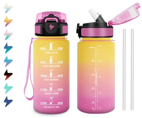 KollyKolla Borraccia 500ml, Borraccia con Indicazione del Tempo, Leggera e Facile da Tenere, Riutilizzabile e Facile da Pulire, Bottiglia con Cannuccia, per Palestra, Corsa, Yoga, Ufficio