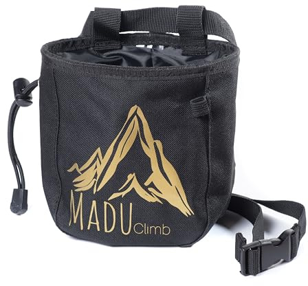 Madu Climb Borsa porta gesso per arrampicata su roccia – Porta gessetti con tasca con cerniera, porta spazzole, fodera in pile e chiusura con coulisse – edizione limitata nera