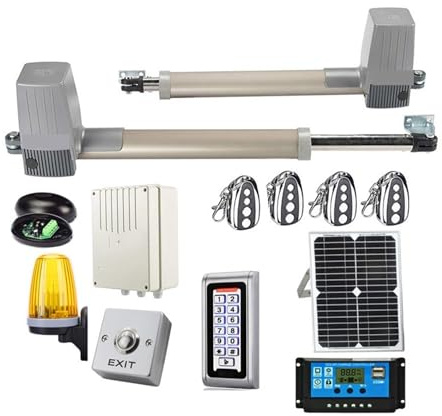 Motor Puerta Corredera Kit completo de abridor de puerta con energía Solar for puertas batientes de doble brazo, 600KGS Con controlador de Panel Solar, Sensor de lámpara, teclado Gsm opcional(Kit2)