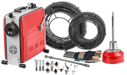VEVOR Desatascador de Tuberías Eléctrico 850 W 1400 RPM con Cable de Resorte de 14,5 m x 16 mm, 14 m x 22 mm, 5 m x 9,5 mm, 0,4 m x 12 mm y 11 Cabezales de Limpieza, Apto para Tuberías de 50 a 220 mm