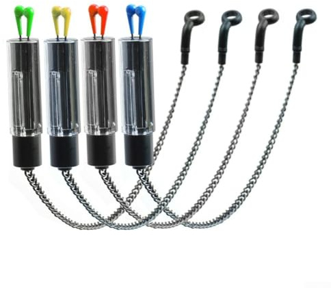 4 indicatori di morso, per pesca alla carpa, dotati di LED e catena in metallo morbido, tubi fluorescenti trasparenti