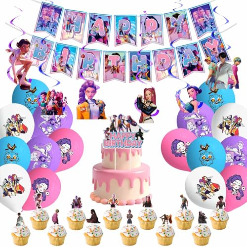 Decoraciones Cumpleaños Dem0n Hun-ters, Fiesta Decoración con Temática de Anime, Adornos Cumpleaños con Serpentinas, Globos, Decorativa de Tarta, Banderolas, Accesorios para Fiestas Fans