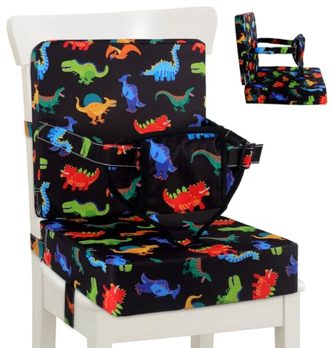 Jonuin Toddler Booster Seat for Dining Chair, 8.5cm Child Booster Seat with Backrest, Washable, Non-Slip Bottom and Adjustable Belt, Portable Travel Baby Child Kids Booster Cushion (Black-Dinosaur)
