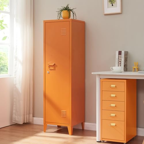 [en.casa] Einzelspind Kurikka Metallspind mit 2 Ablagen 137 x 38 x 38 cm abschließbar Schließfachschrank Metallschrank Garderobenschrank Orange
