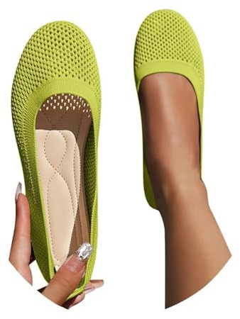 Mesh Ballet Flats for Women Slip On Ballet Pumps Women Dress Knitted Fold Up Shoes Round Toe Wide Fit Work Flats Solid Color Comfortable Foldable Ballerina Shoes(Green,4 UK)