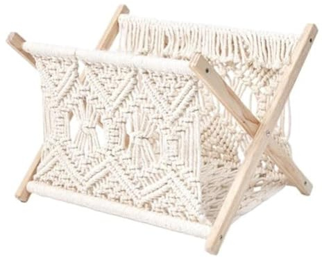 FACAIIO Soporte de almacenamiento tejido a mano para revistas, libros, periódicos y tabletas, organizador plegable de madera y cuerda de algodón, diseño compacto y portátil, color blanco