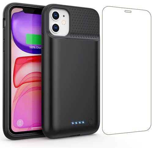 Feob Funda Batería para iPhone 11/XR【Delgado & Potente 7500mAh】Funda Cargador Portatil Carcasa Batería Recargable con Protector de Pantalla de Vidrio Templado para iPhone 11/XR [6,1 Pulgadas] - Negro
