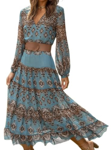 Women's Western Chiffon Ruffle Lantern Long Sleeve Maxi Dresses Summer Vintage Ethnic V Neck Swing Long Dress(Large,Blue)