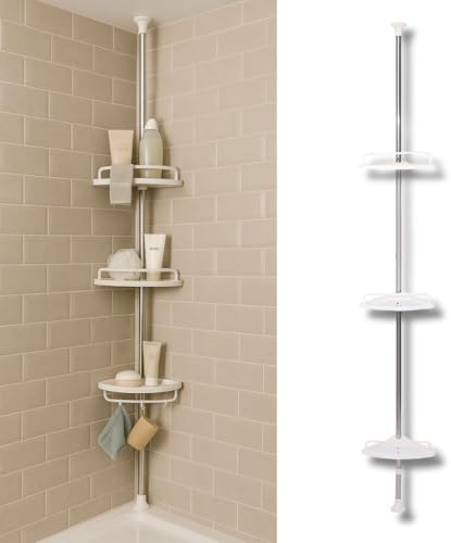 Telescopic Shower Caddy with Tension Pole, 3-Tier Corner Bathroom Organizer, Rust-Resistant Adjustable 100–240cm, White Shelves with Hooks, No-Drill Twist-Lock Storage for Toiletries