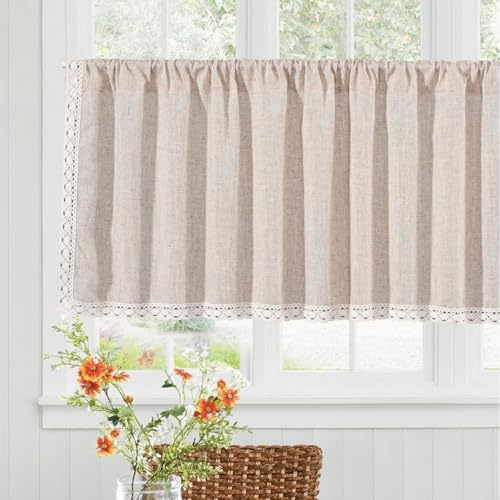 KVOLTT Cortina de estilo rústico vintage, cortina de bistró con encaje, cortina de cocina, sin agujeros, para estantes, armarios, salón (150 x 91 cm)