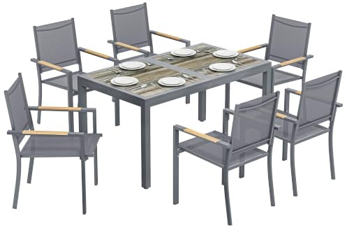 Outsunny Conjunto de Mesa y Sillas Jardín de 7 Piezas Exterior Gris Oscuro | Muebles Jardín, Mesa de Plástico PSPC, 6 Sillas Apilables Transpirables, Marco de Acero Resistente a la Intemperie