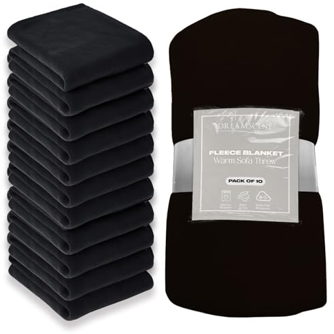 Dreamscene Wholesale 10 x Plain Sofa Throw Banket, Super Soft Warm Cosy Fleece Throw Blanket for Bed Lightweight Black Polar Fleece Blanket Bulk, 120 x 150cm
