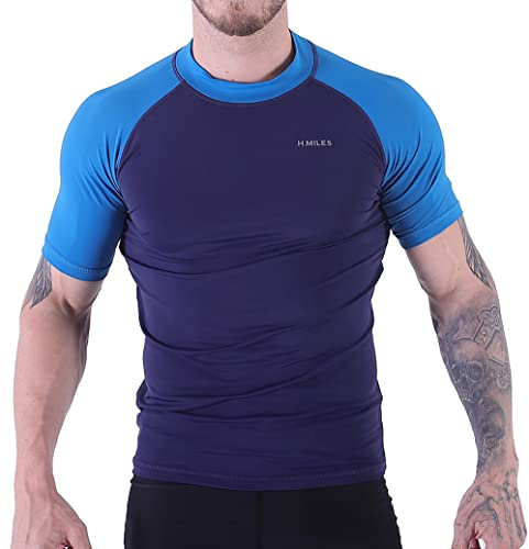 H.MILES Men's Rash Vest Short Sleeve Male Adults Rashguard Swim Base Layer Snorkeling Swimming Surfing Tops Diving Beach T-shirt DK Navy/DK Blue XL