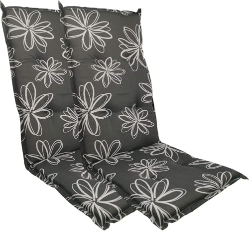 DILUMA Hochlehner Auflage Naxos für Gartenstühle 2er Set 118x49 cm Blume Schwarz - 6 cm Starke Premium Stuhlauflage mit Komfortschaumkern - Sitzauflage Made in EU