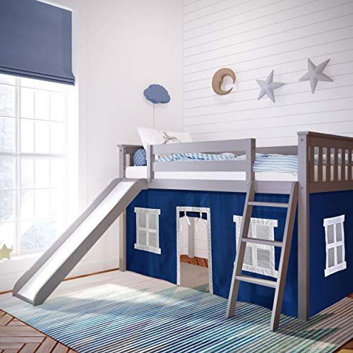 Max & Lily - Letto a soppalco basso con scivolo e tende blu, grigio