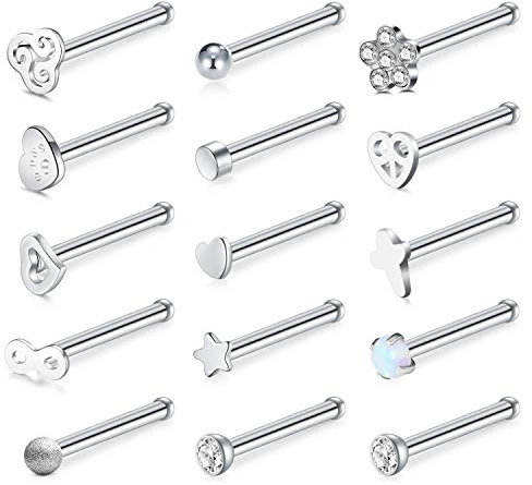 Briana Williams 15stk Nasenstecker Nasenpiercing Stecker Set Chirurgenstahl 20G Nase L Form Spirale Gerade Silber Piercing Schmuck