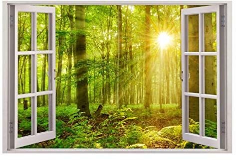 216 Wandtattoo Fenster - grüner Wald 2 Sonnenstrahlen Größe 1750 x 1150 mm - in 6 Größen - Kinderzimmer Sticker Wandaufkleber Wanddeko Wandbild